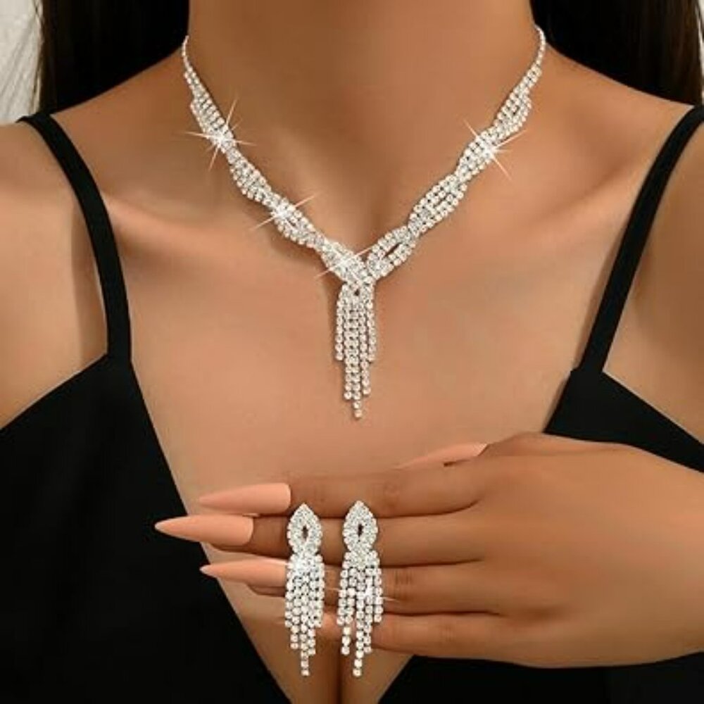 Rhinestone Necklace & Earrings Set Bridal Wedding Jewelry Sets Prom Silver Shiny
